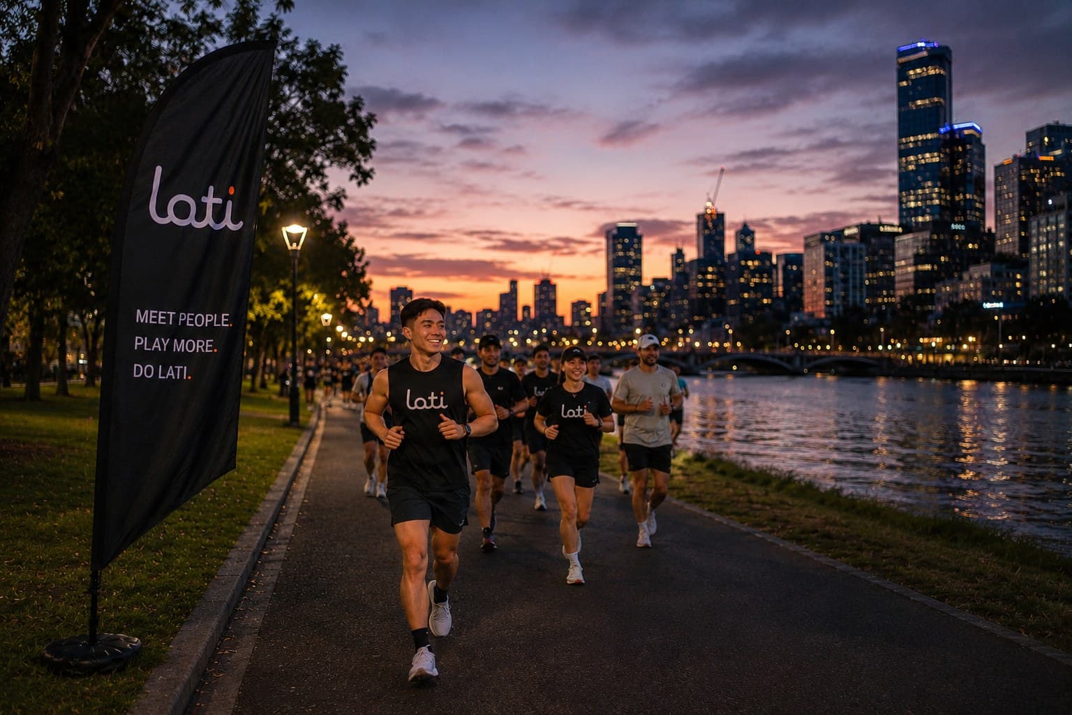 A Lati run club heading along the Yarra at dusk, Melbourne skyline behind